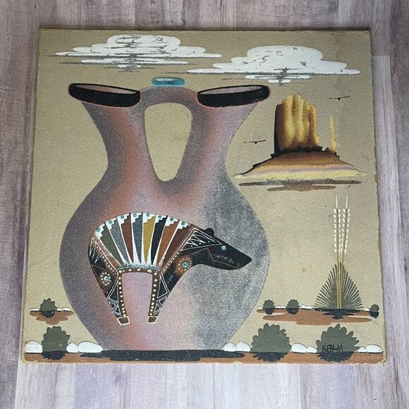 Vtg New Mexico 16” Navajo Sand Painting Wedding Vase Luck Signed Ben Matchers - Picture 4 of 16